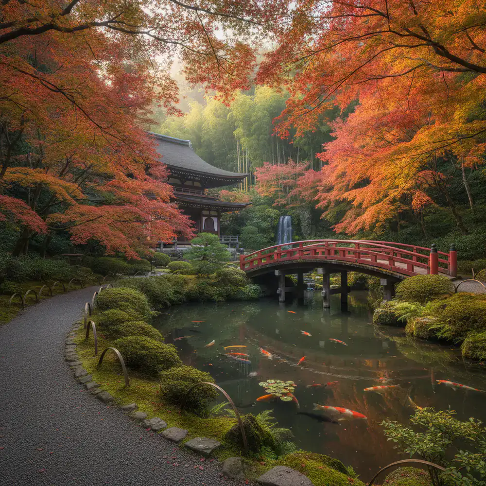 A serene temple garden in Kyoto during autumn