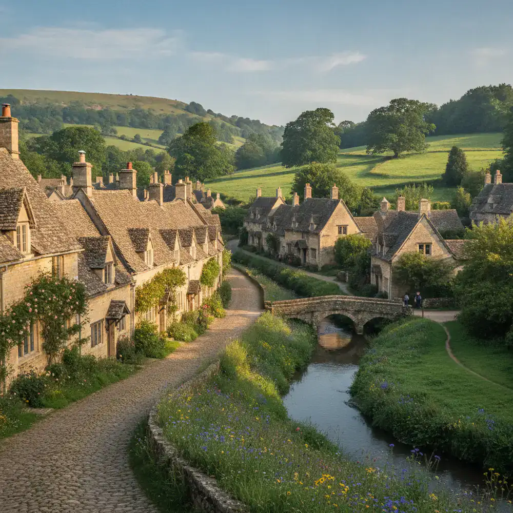 A serene village in the Cotswolds with stone cottages